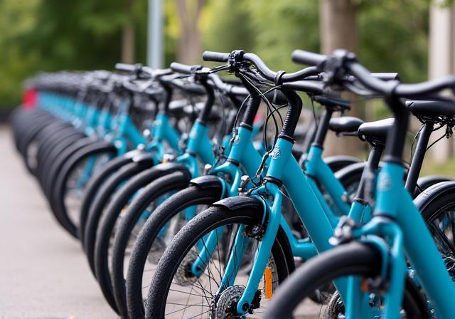 A fleet of well-maintained bicycles lined up for rental