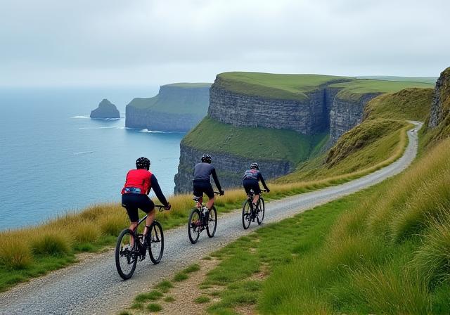 Cyclists on a trail overlooking the Cliffs of Moher