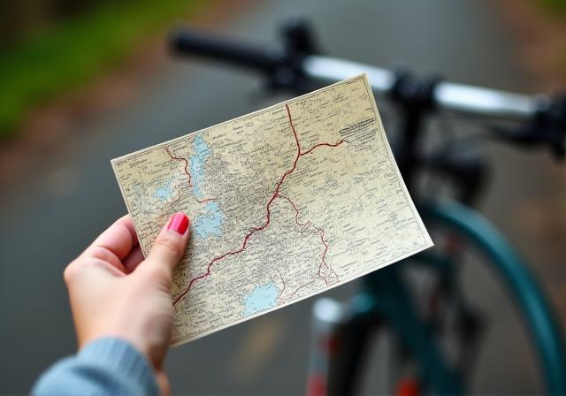 A hand holding a map with a bicycle in the background, symbolizing self-guided tours