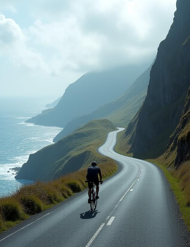 A lone cyclist riding on a winding coastal road with steep cliffs and the ocean visible on the Dingle Peninsula.