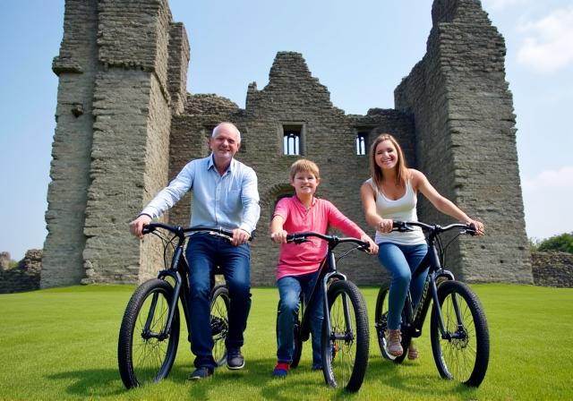 A family, two adults and two children, with their bicycles posing happily in front of the weathered stone ruins of a historic Irish castle.