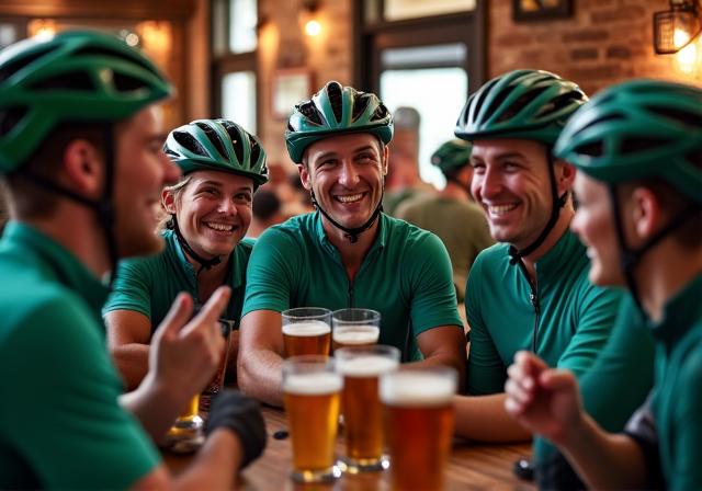 A group of happy cyclists, still in their gear, sharing a laugh and drinks at a traditional Irish pub.